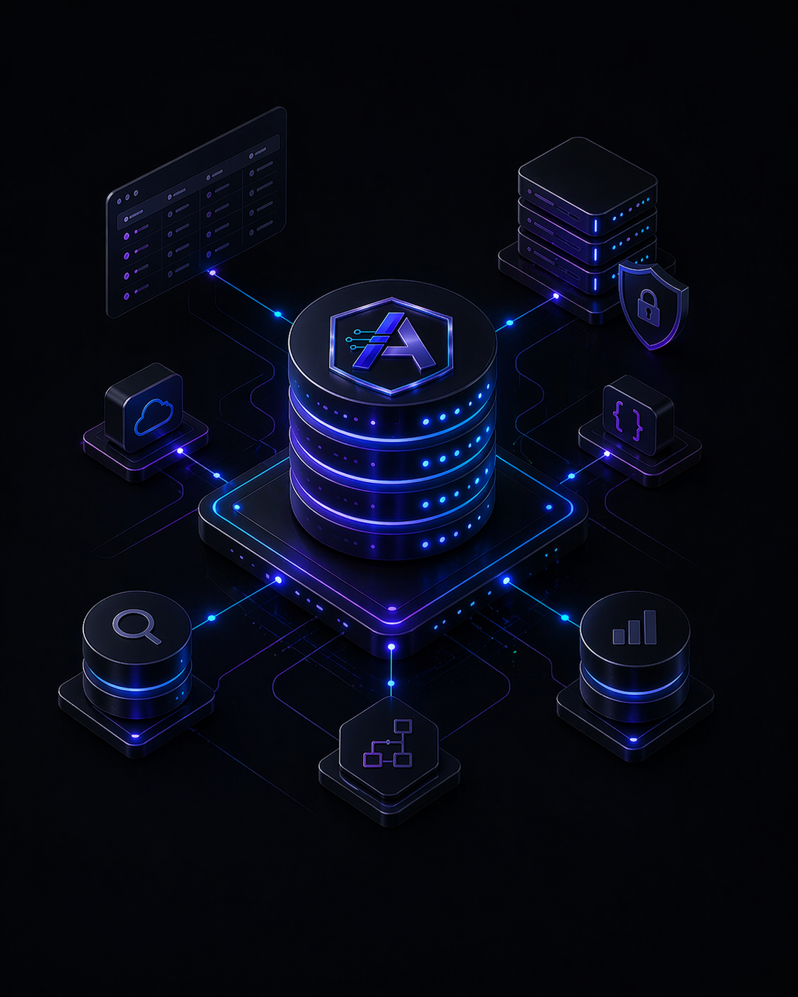 A governed core connected to satellite systems — storage, analytics, search, and audit surfaces.