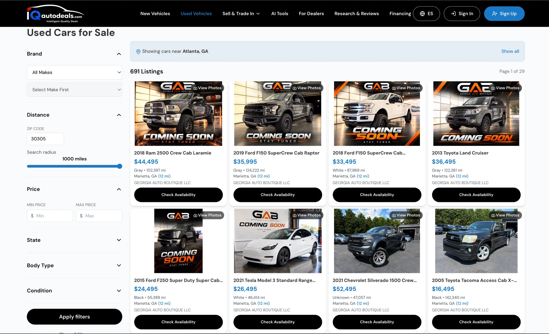 IQ Auto Deals used-car search results: 691 listings near Atlanta, each card showing price, mileage, location and the selling dealer