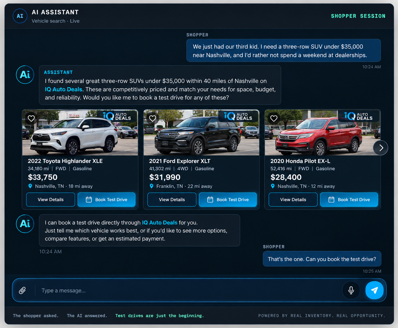 An AI assistant answering a shopper's request for a three-row SUV under $35,000 near Nashville with three matching vehicles from Dealer Agentix rooftops